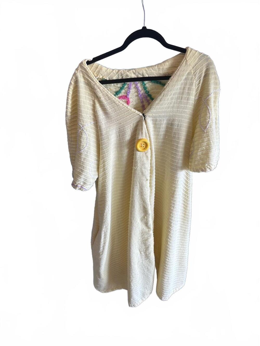 Cream Textured Knit Dress with Embroidered Back and Yellow Button
